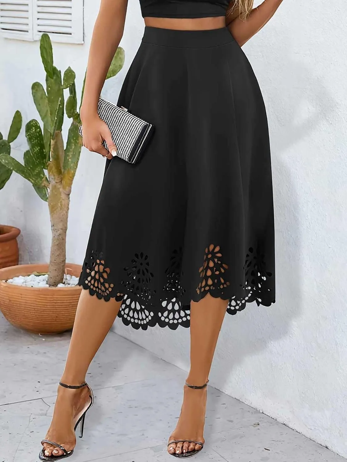 chouyatou Women's Plain Hollow Out Eyelet Boho Skirt Asymmetrical High Low Hem Business Casual Midi Long Skirt