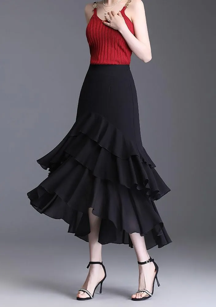 chouyatou Women's Sexy Irregular High Low Ruffle Chiffon Skirt Boho Flowy Swing Tiered Midi Long Skirt
