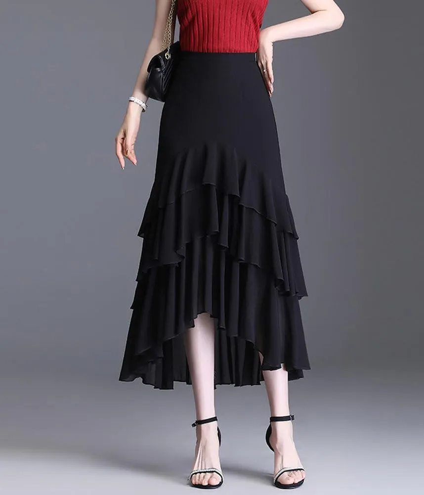 chouyatou Women's Sexy Irregular High Low Ruffle Chiffon Skirt Boho Flowy Swing Tiered Midi Long Skirt