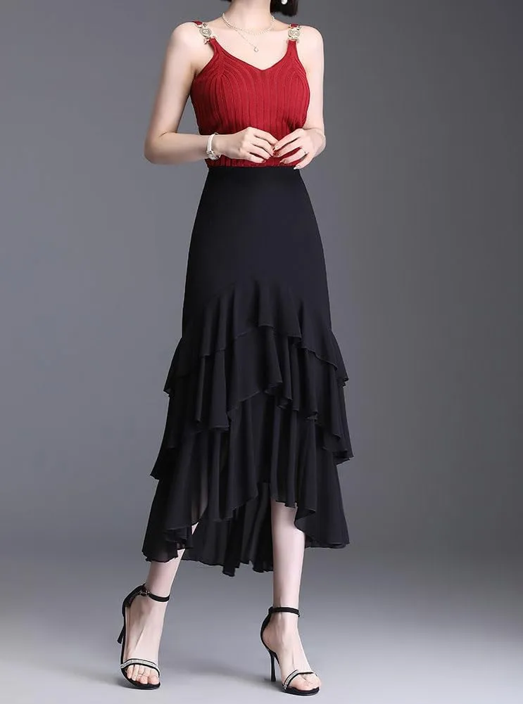 chouyatou Women's Sexy Irregular High Low Ruffle Chiffon Skirt Boho Flowy Swing Tiered Midi Long Skirt