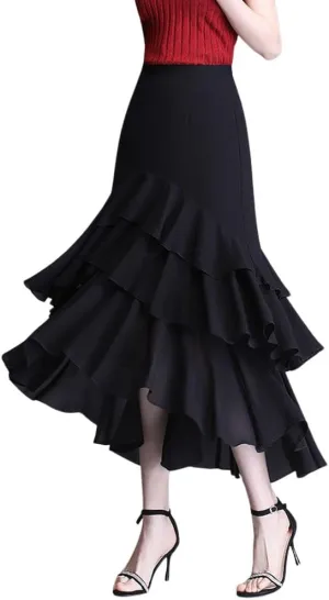 chouyatou Women's Sexy Irregular High Low Ruffle Chiffon Skirt Boho Flowy Swing Tiered Midi Long Skirt