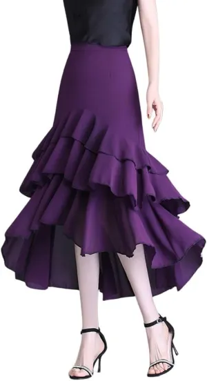 chouyatou Women's Sexy Irregular High Low Ruffle Chiffon Skirt Boho Flowy Swing Tiered Midi Long Skirt