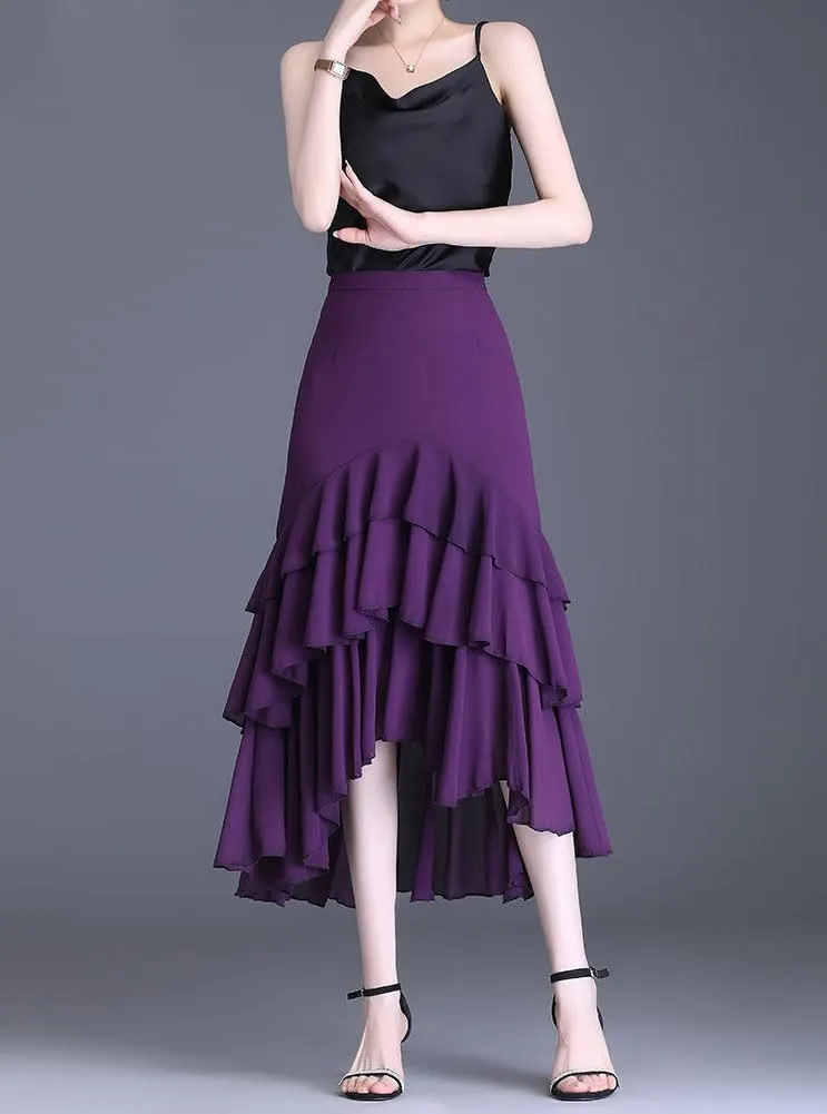 chouyatou Women's Sexy Irregular High Low Ruffle Chiffon Skirt Boho Flowy Swing Tiered Midi Long Skirt