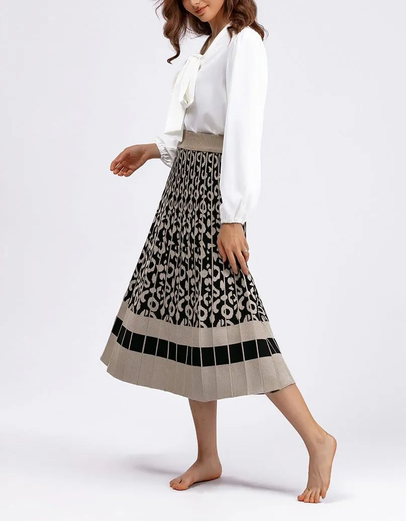 chouyatou Women's Winter Leopard Print Pleated Knit Skirt Boho Elastic Waist A-line Swing Midi Long Skirt