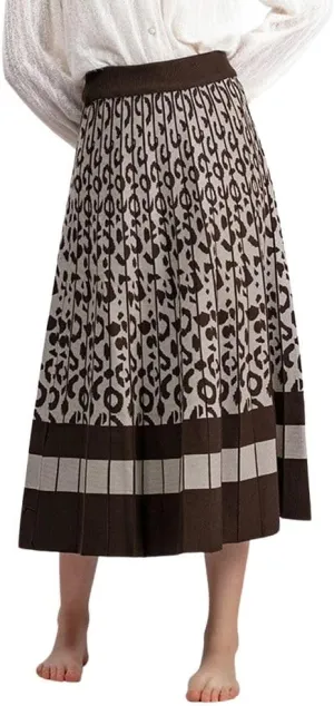 chouyatou Women's Winter Leopard Print Pleated Knit Skirt Boho Elastic Waist A-line Swing Midi Long Skirt