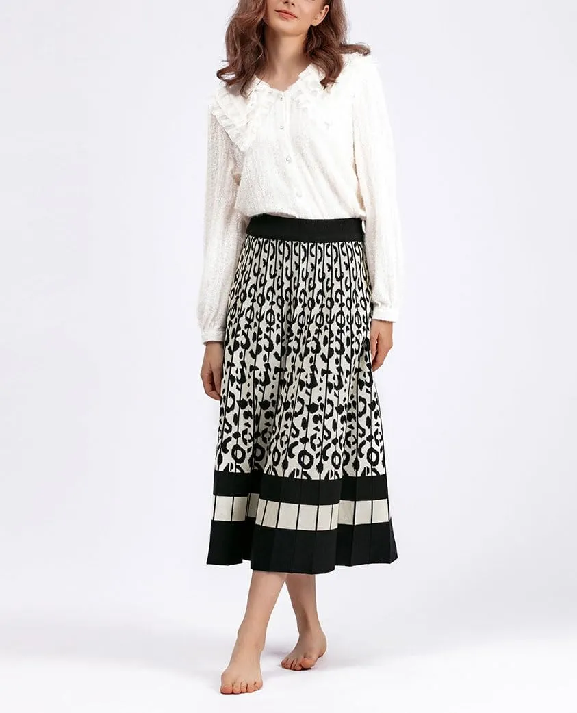 chouyatou Women's Winter Leopard Print Pleated Knit Skirt Boho Elastic Waist A-line Swing Midi Long Skirt