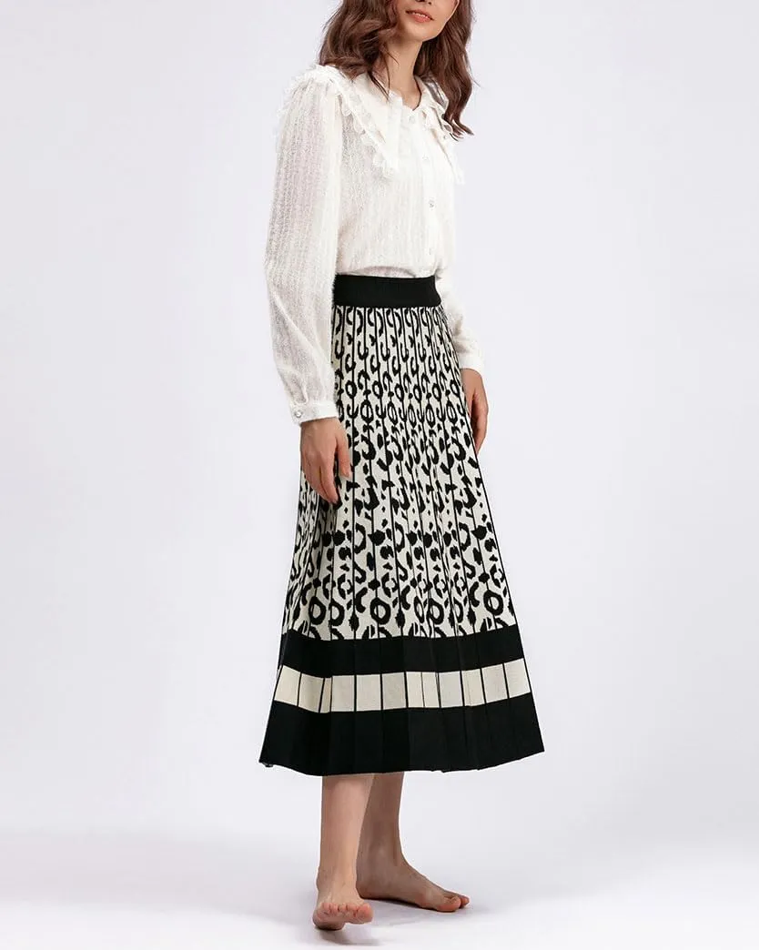 chouyatou Women's Winter Leopard Print Pleated Knit Skirt Boho Elastic Waist A-line Swing Midi Long Skirt