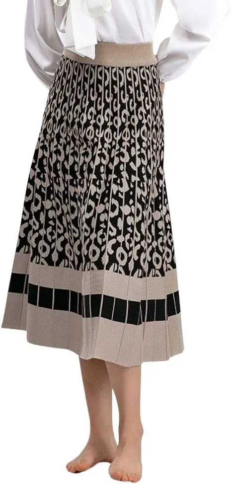 chouyatou Women's Winter Leopard Print Pleated Knit Skirt Boho Elastic Waist A-line Swing Midi Long Skirt