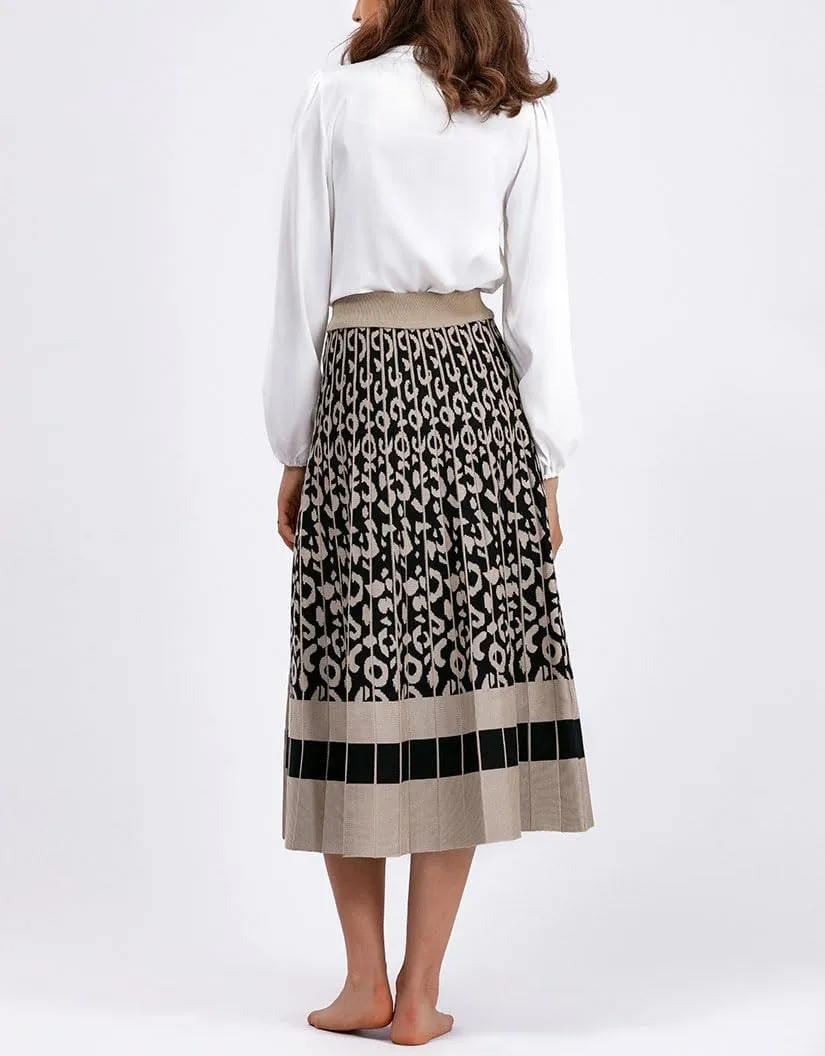 chouyatou Women's Winter Leopard Print Pleated Knit Skirt Boho Elastic Waist A-line Swing Midi Long Skirt
