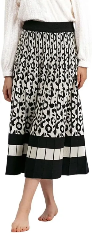 chouyatou Women's Winter Leopard Print Pleated Knit Skirt Boho Elastic Waist A-line Swing Midi Long Skirt
