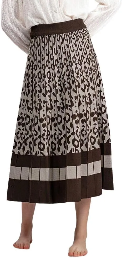 chouyatou Women's Winter Leopard Print Pleated Knit Skirt Boho Elastic Waist A-line Swing Midi Long Skirt