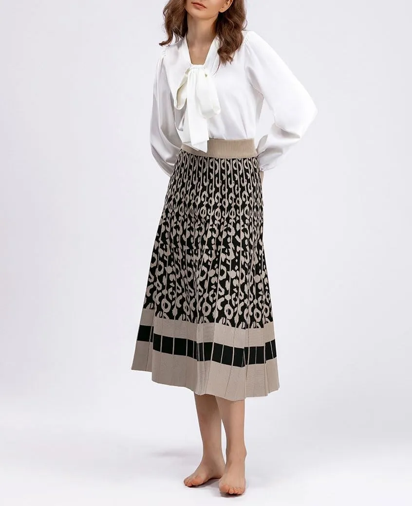 chouyatou Women's Winter Leopard Print Pleated Knit Skirt Boho Elastic Waist A-line Swing Midi Long Skirt