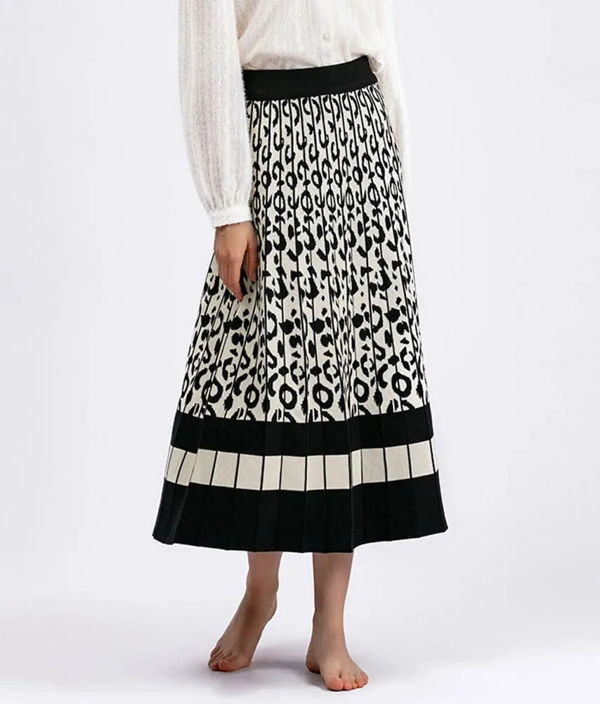 chouyatou Women's Winter Leopard Print Pleated Knit Skirt Boho Elastic Waist A-line Swing Midi Long Skirt