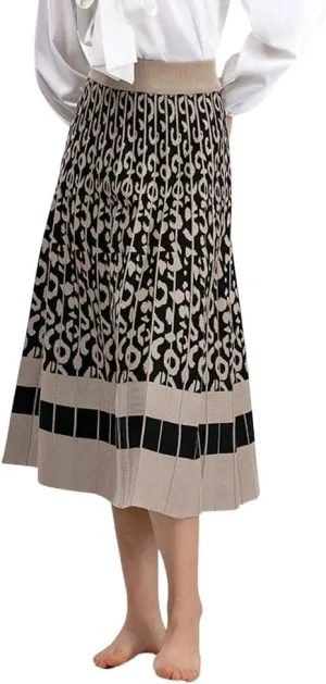 chouyatou Women's Winter Leopard Print Pleated Knit Skirt Boho Elastic Waist A-line Swing Midi Long Skirt