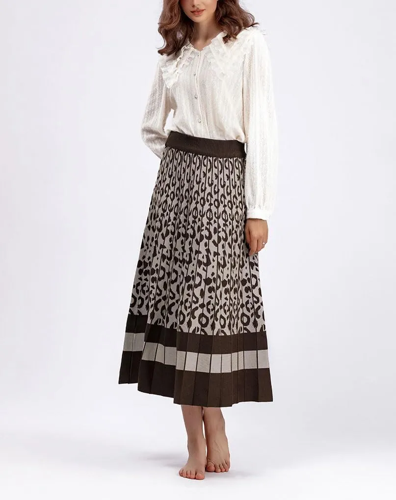 chouyatou Women's Winter Leopard Print Pleated Knit Skirt Boho Elastic Waist A-line Swing Midi Long Skirt