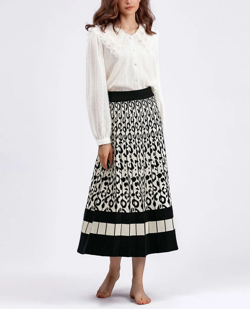 chouyatou Women's Winter Leopard Print Pleated Knit Skirt Boho Elastic Waist A-line Swing Midi Long Skirt