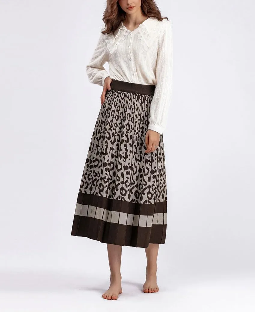 chouyatou Women's Winter Leopard Print Pleated Knit Skirt Boho Elastic Waist A-line Swing Midi Long Skirt