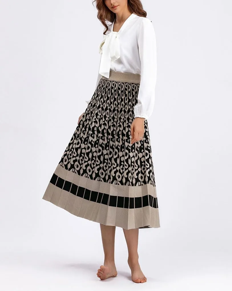 chouyatou Women's Winter Leopard Print Pleated Knit Skirt Boho Elastic Waist A-line Swing Midi Long Skirt