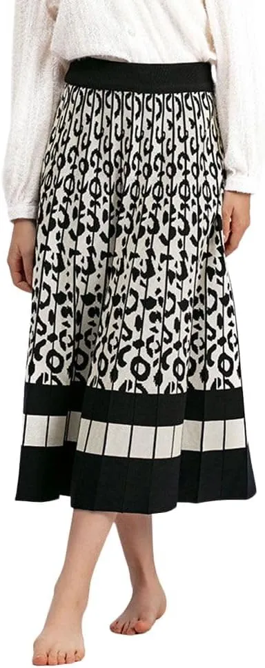 chouyatou Women's Winter Leopard Print Pleated Knit Skirt Boho Elastic Waist A-line Swing Midi Long Skirt