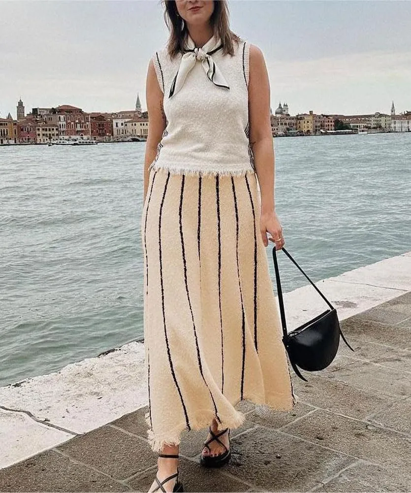 chouyatou Women's Winter Striped Knit Maxi Skirt Boho Fringe Hem Elastic Waist Pleated Swing Sweater Long Skirt