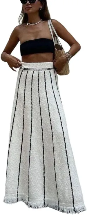 chouyatou Women's Winter Striped Knit Maxi Skirt Boho Fringe Hem Elastic Waist Pleated Swing Sweater Long Skirt