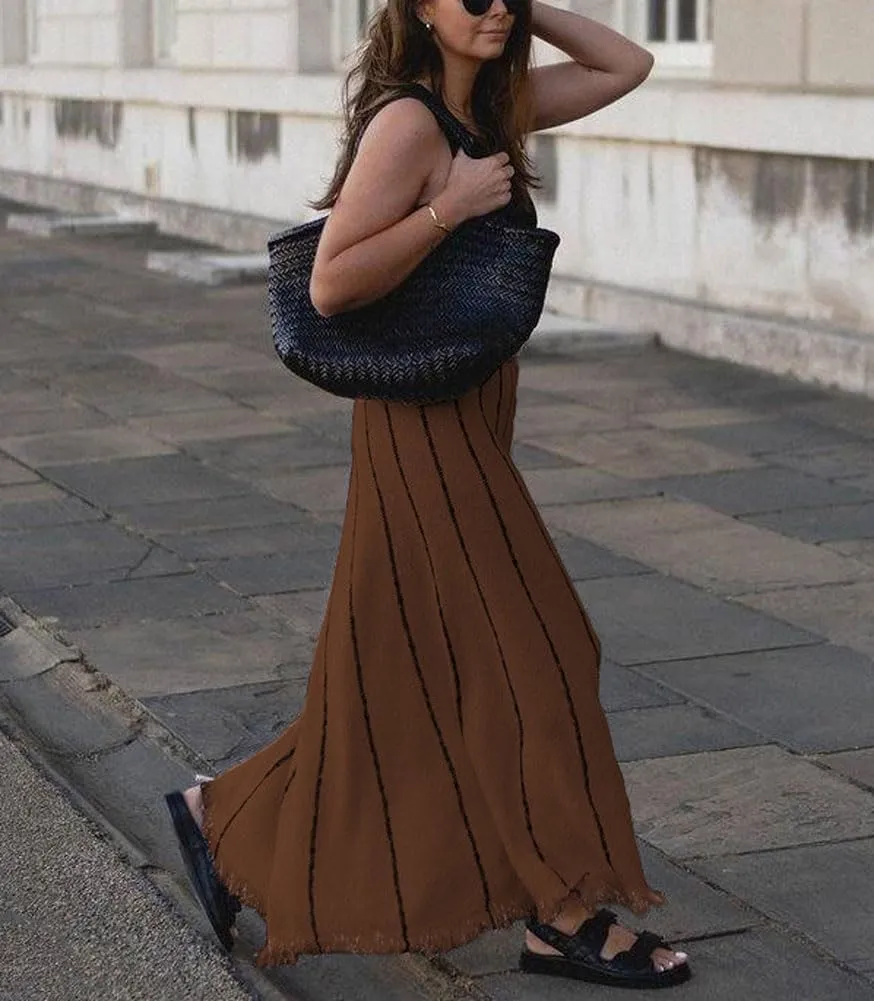 chouyatou Women's Winter Striped Knit Maxi Skirt Boho Fringe Hem Elastic Waist Pleated Swing Sweater Long Skirt
