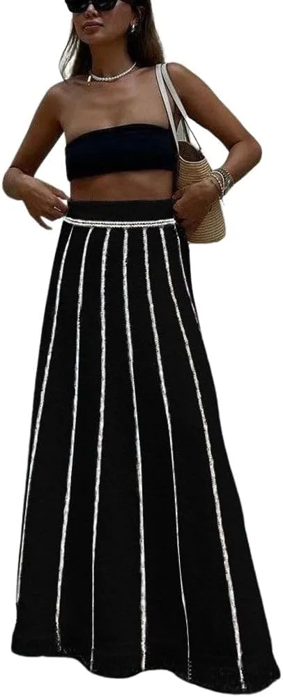 chouyatou Women's Winter Striped Knit Maxi Skirt Boho Fringe Hem Elastic Waist Pleated Swing Sweater Long Skirt