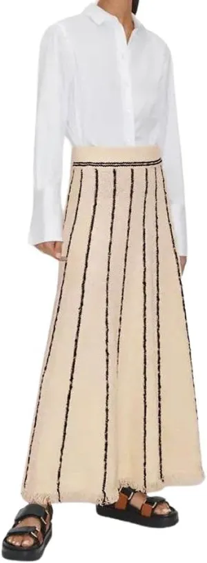 chouyatou Women's Winter Striped Knit Maxi Skirt Boho Fringe Hem Elastic Waist Pleated Swing Sweater Long Skirt