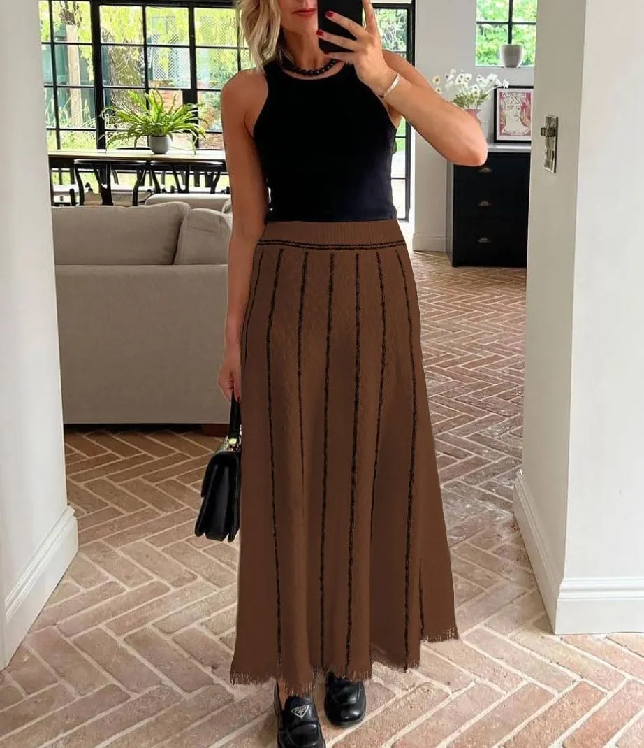 chouyatou Women's Winter Striped Knit Maxi Skirt Boho Fringe Hem Elastic Waist Pleated Swing Sweater Long Skirt