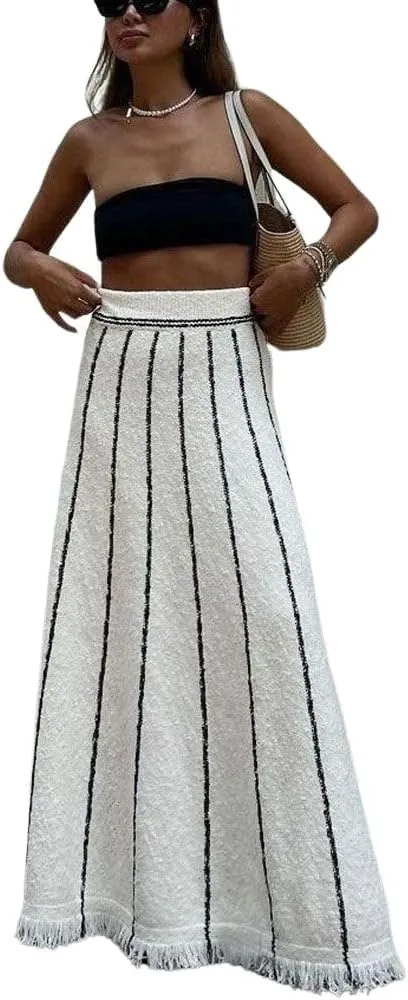 chouyatou Women's Winter Striped Knit Maxi Skirt Boho Fringe Hem Elastic Waist Pleated Swing Sweater Long Skirt