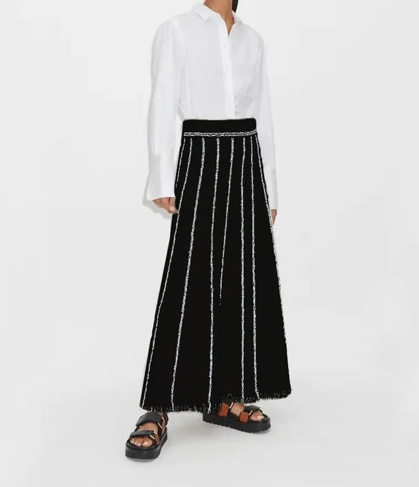 chouyatou Women's Winter Striped Knit Maxi Skirt Boho Fringe Hem Elastic Waist Pleated Swing Sweater Long Skirt