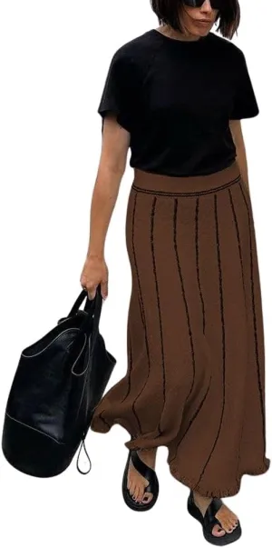 chouyatou Women's Winter Striped Knit Maxi Skirt Boho Fringe Hem Elastic Waist Pleated Swing Sweater Long Skirt