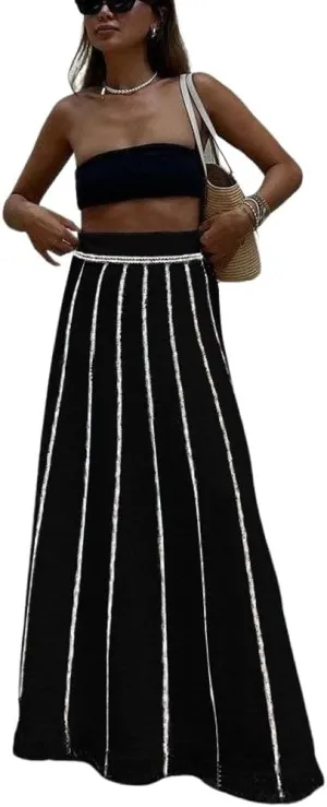 chouyatou Women's Winter Striped Knit Maxi Skirt Boho Fringe Hem Elastic Waist Pleated Swing Sweater Long Skirt