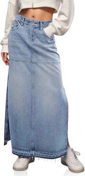 Cicy Bell Womens Long Denim Skirt Casual Frayed Raw Hem Side Split Vintage Jean Long Skirt with Pockets