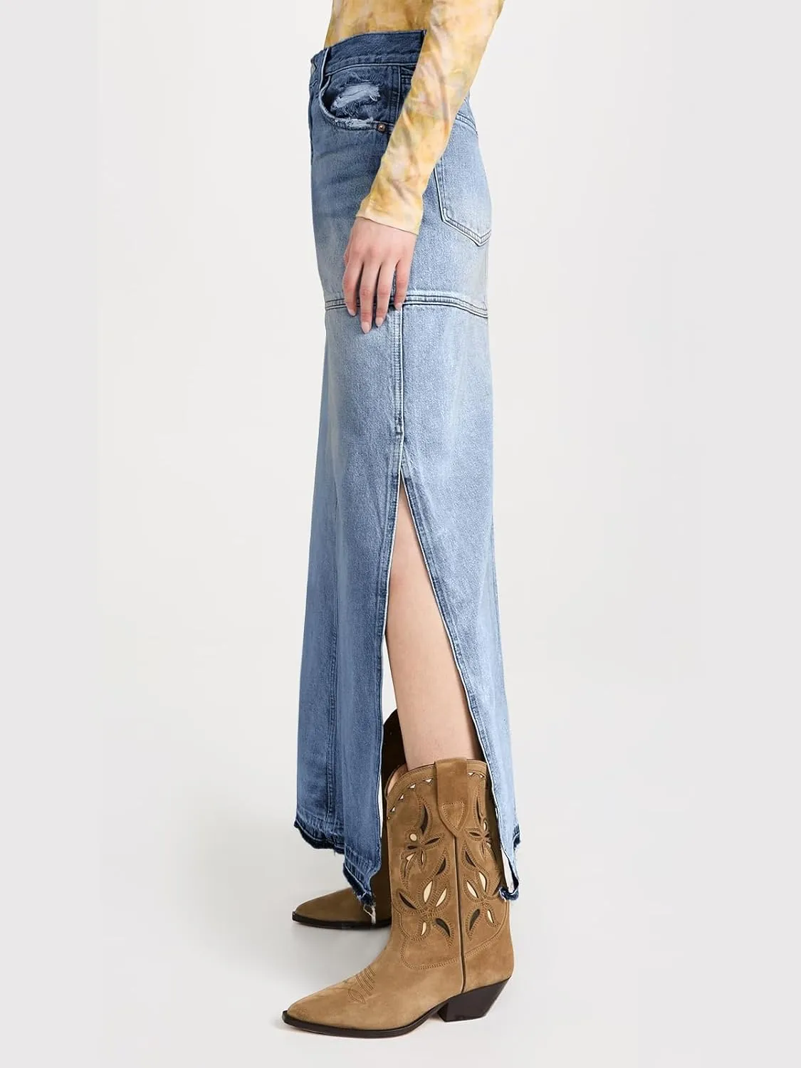 Cicy Bell Womens Long Denim Skirt Casual Frayed Raw Hem Side Split Vintage Jean Long Skirt with Pockets