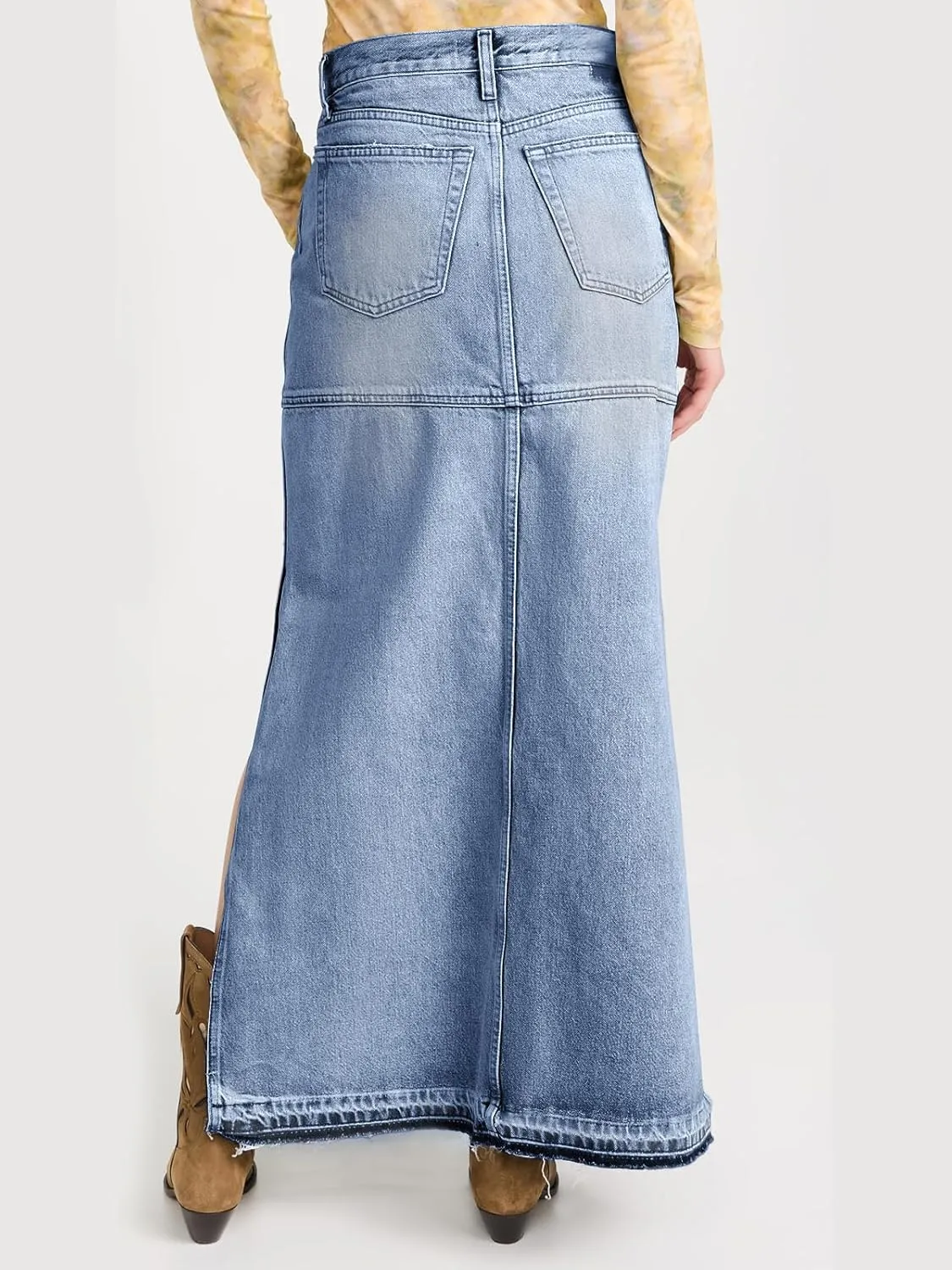 Cicy Bell Womens Long Denim Skirt Casual Frayed Raw Hem Side Split Vintage Jean Long Skirt with Pockets