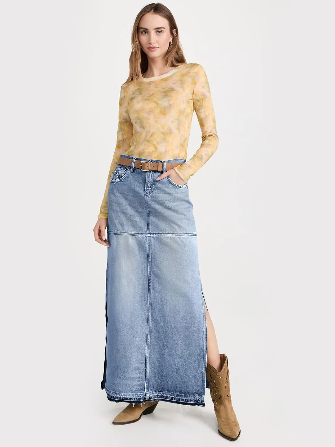 Cicy Bell Womens Long Denim Skirt Casual Frayed Raw Hem Side Split Vintage Jean Long Skirt with Pockets