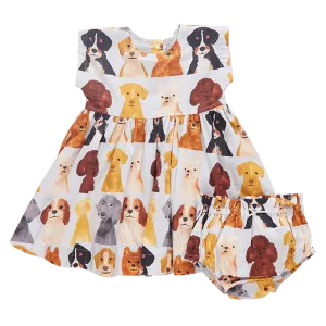 Cotton Adaline Dress Set - Light Blue Watercolor Dogs