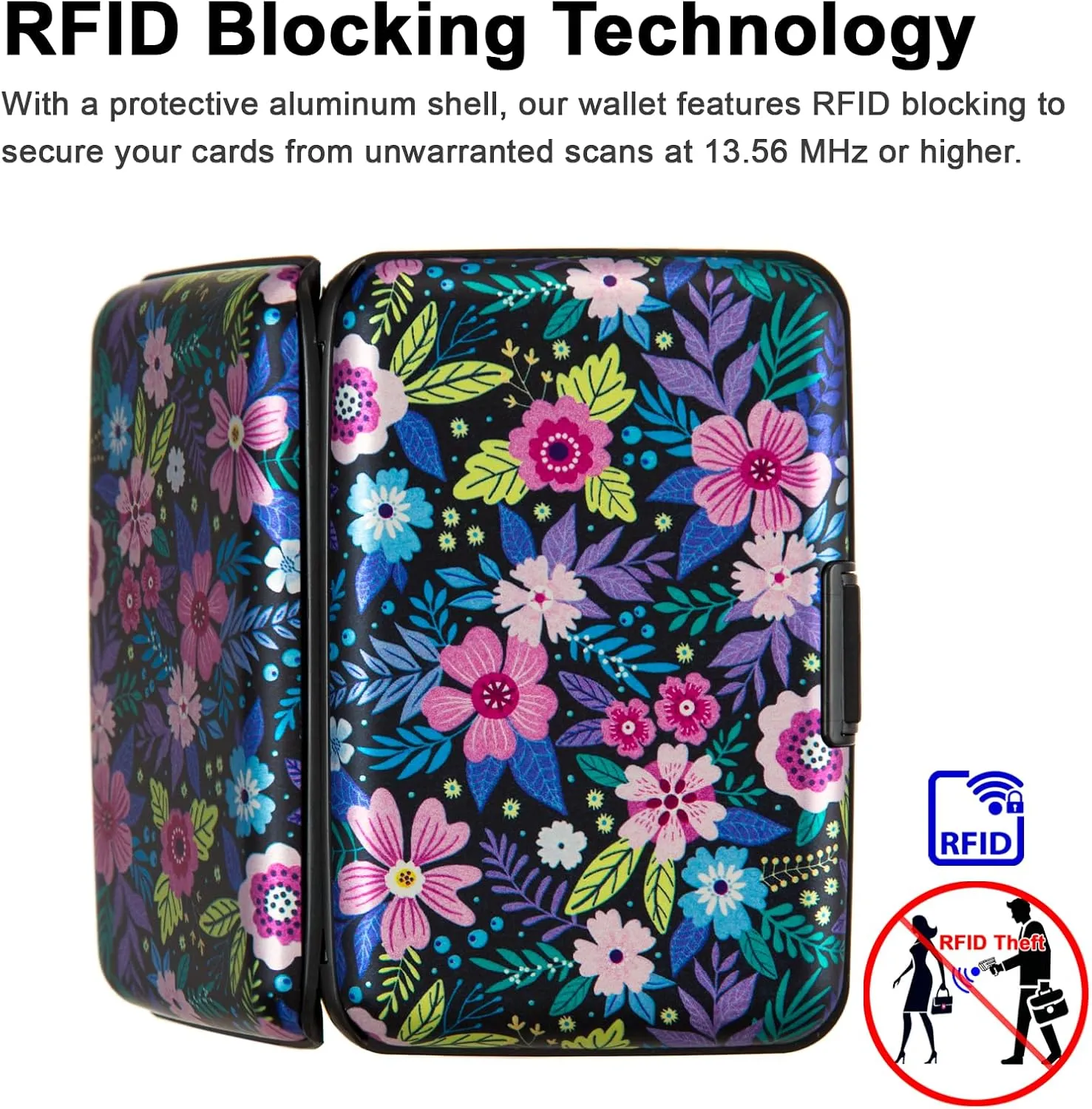 Credit Card Holder, Metal Card Wallet RFID Blocking Mini Slim Aluminum Business Hard Card Case for Women Men (Abstract Flowers)