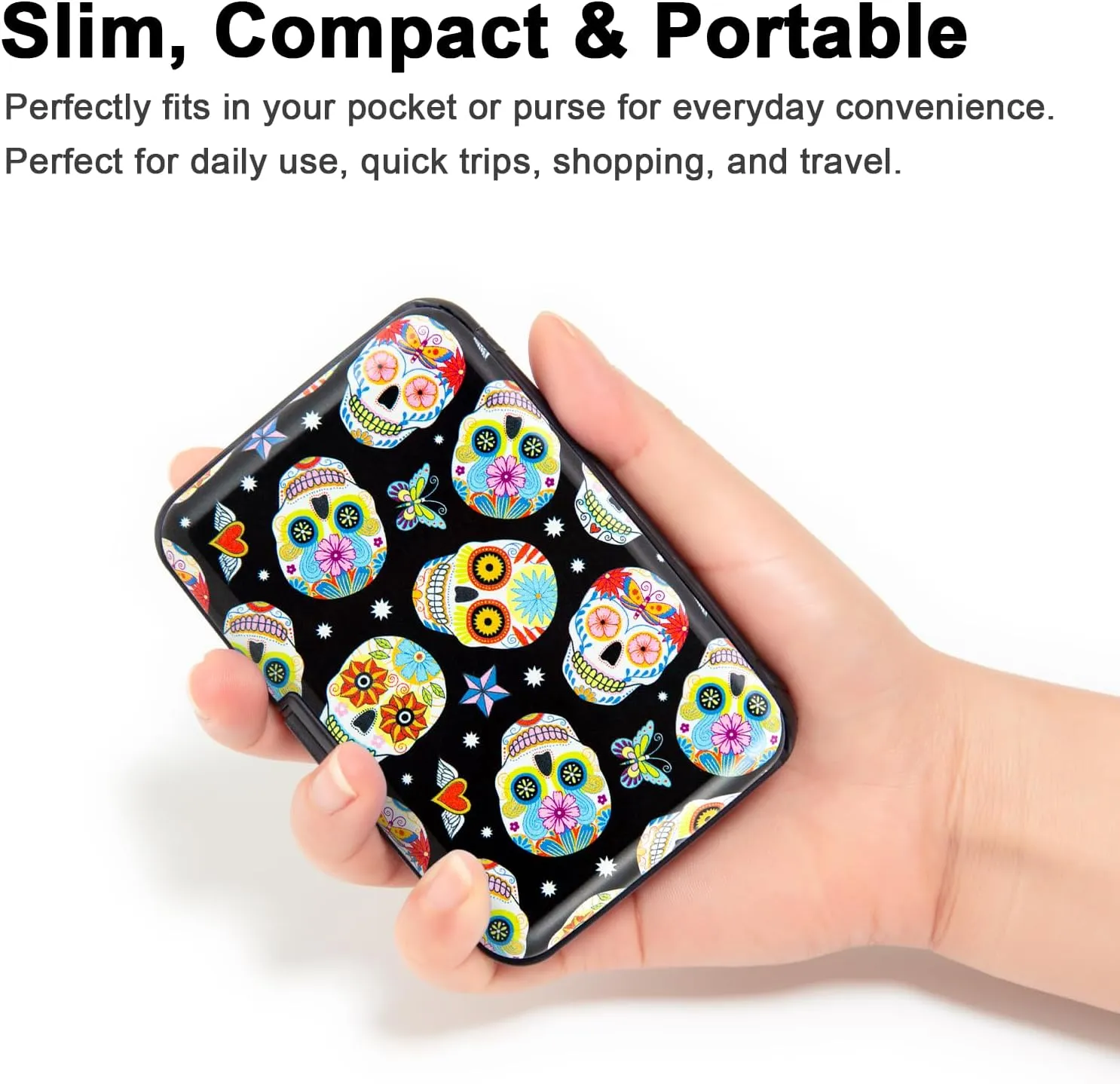 Credit Card Holder, Metal Card Wallet RFID Blocking Mini Slim Aluminum Business Hard Card Case for Women Men (Butterfly Sugar Skulls)