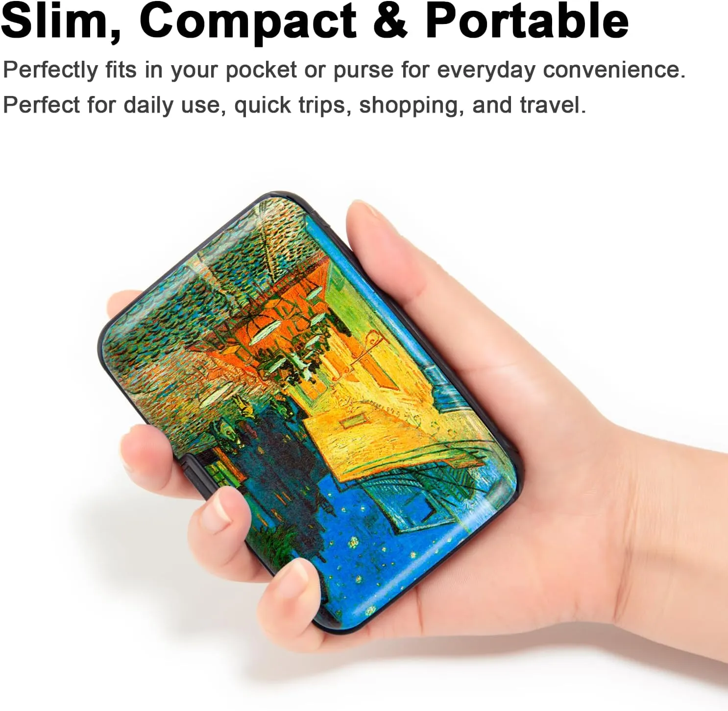 Credit Card Holder, Metal Card Wallet RFID Blocking Mini Slim Aluminum Business Hard Card Case for Women Men (Cafe Terrace at Night)