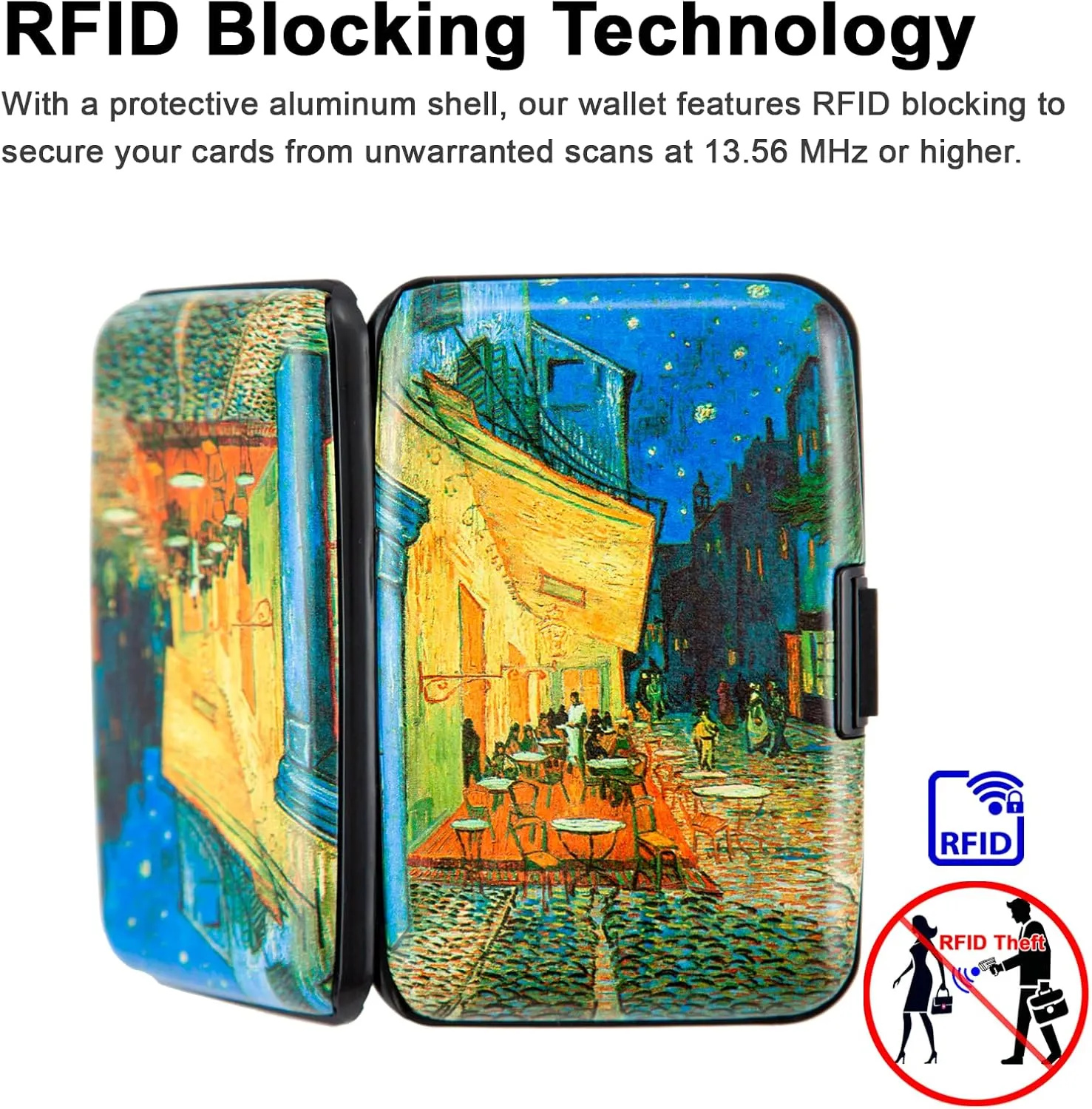 Credit Card Holder, Metal Card Wallet RFID Blocking Mini Slim Aluminum Business Hard Card Case for Women Men (Cafe Terrace at Night)