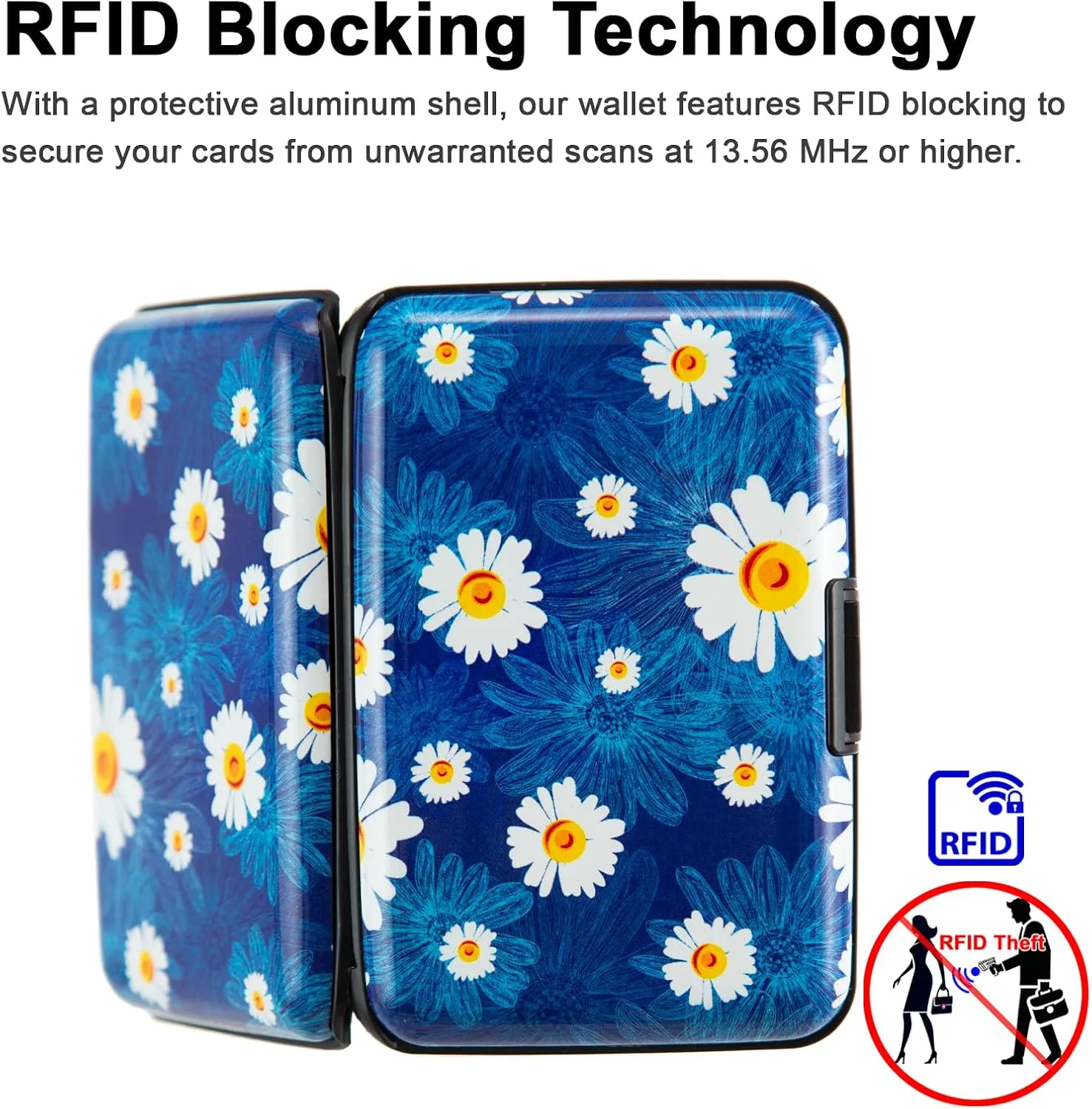 Credit Card Holder, Metal Card Wallet RFID Blocking Mini Slim Aluminum Business Hard Card Case for Women Men (Chamomiles)