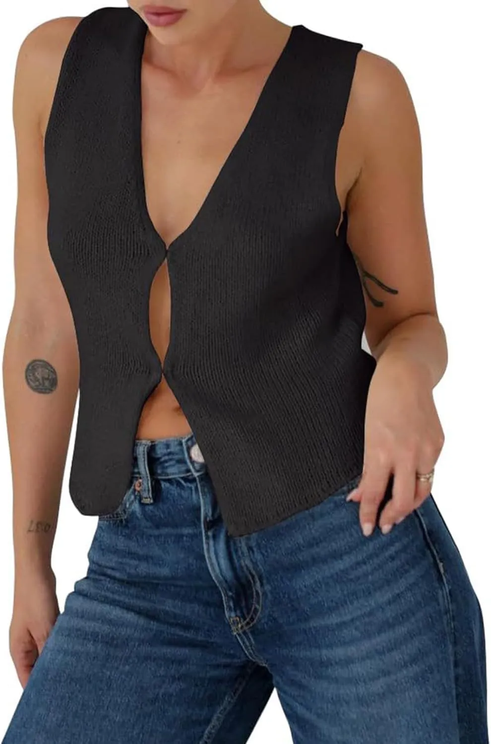 Crochet Tank Tops for Women - Open Front Sleeveless Summer Vest with Hidden Buttons
