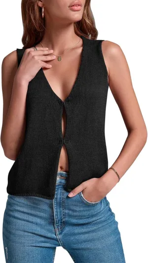 Crochet Tank Tops for Women - Open Front Sleeveless Summer Vest with Hidden Buttons