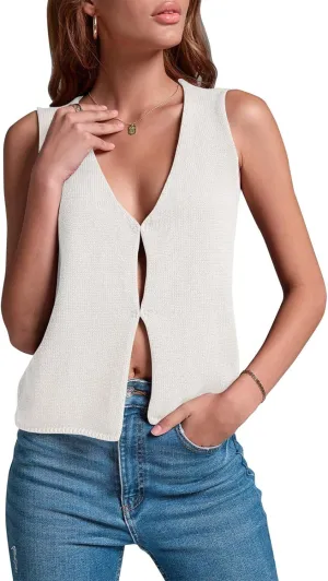Crochet Tank Tops for Women - Open Front Sleeveless Summer Vest with Hidden Buttons