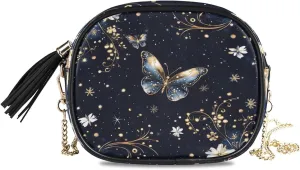 Crossbody Shoulder Bag Tassel Purse Dreamy Night Butterfly PU leather Small Handbag Fashion Evening Clutch with Chain