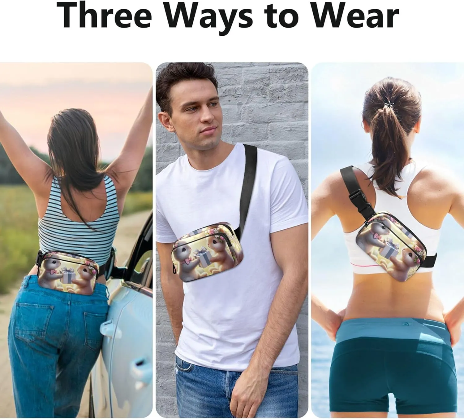 Cute Romantic Bunny Exchange Waterproof Fanny Packs for Women Hip Bag Belt Purse Bright Color Waist Bag for Women