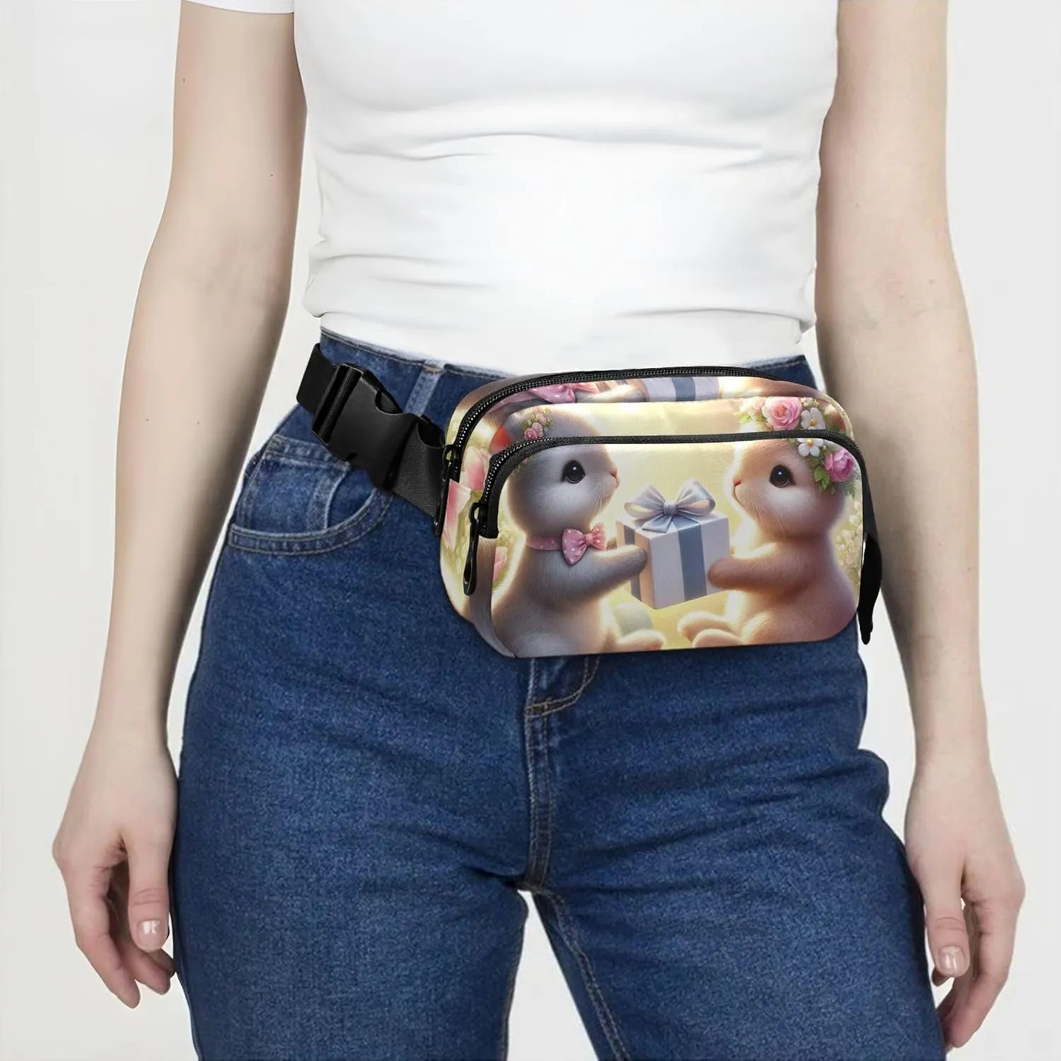 Cute Romantic Bunny Exchange Waterproof Fanny Packs for Women Hip Bag Belt Purse Bright Color Waist Bag for Women