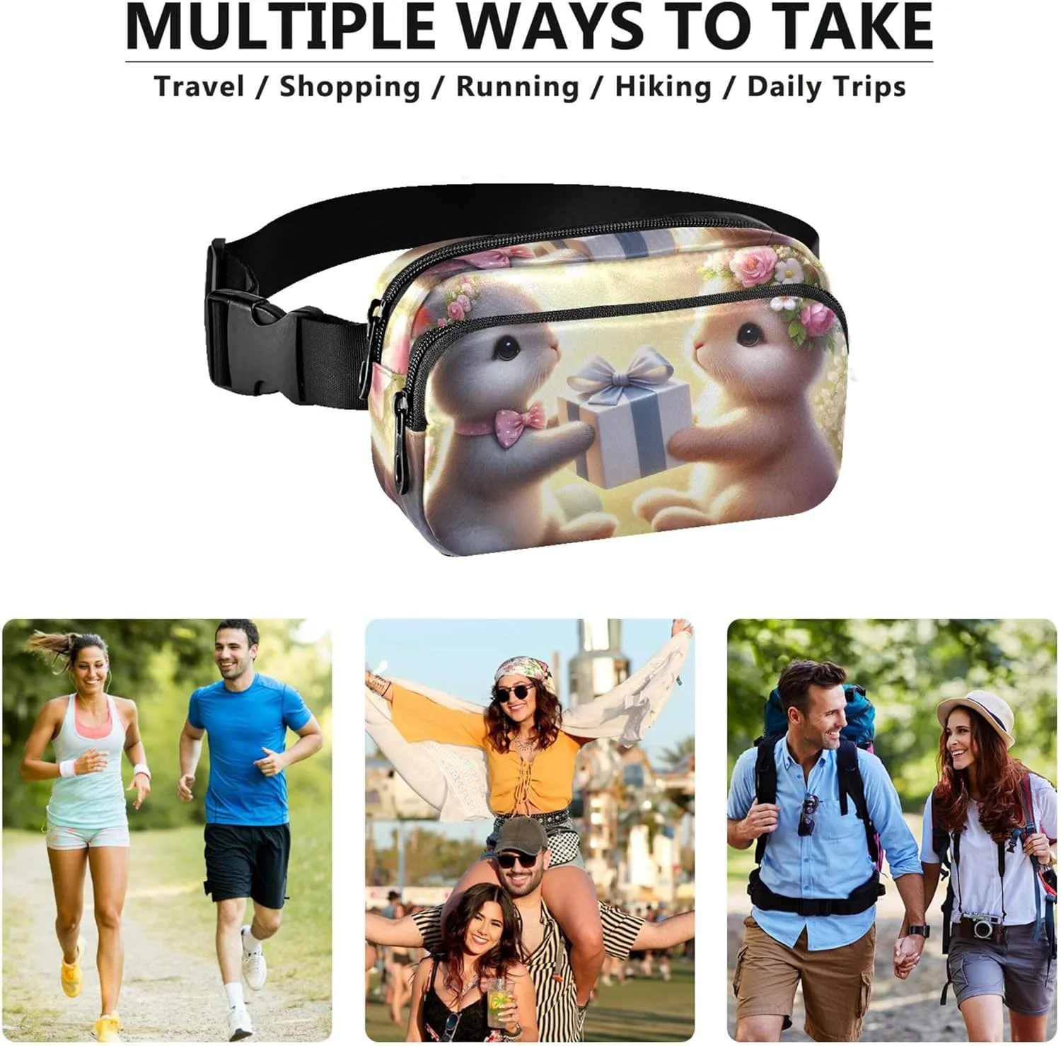 Cute Romantic Bunny Exchange Waterproof Fanny Packs for Women Hip Bag Belt Purse Bright Color Waist Bag for Women